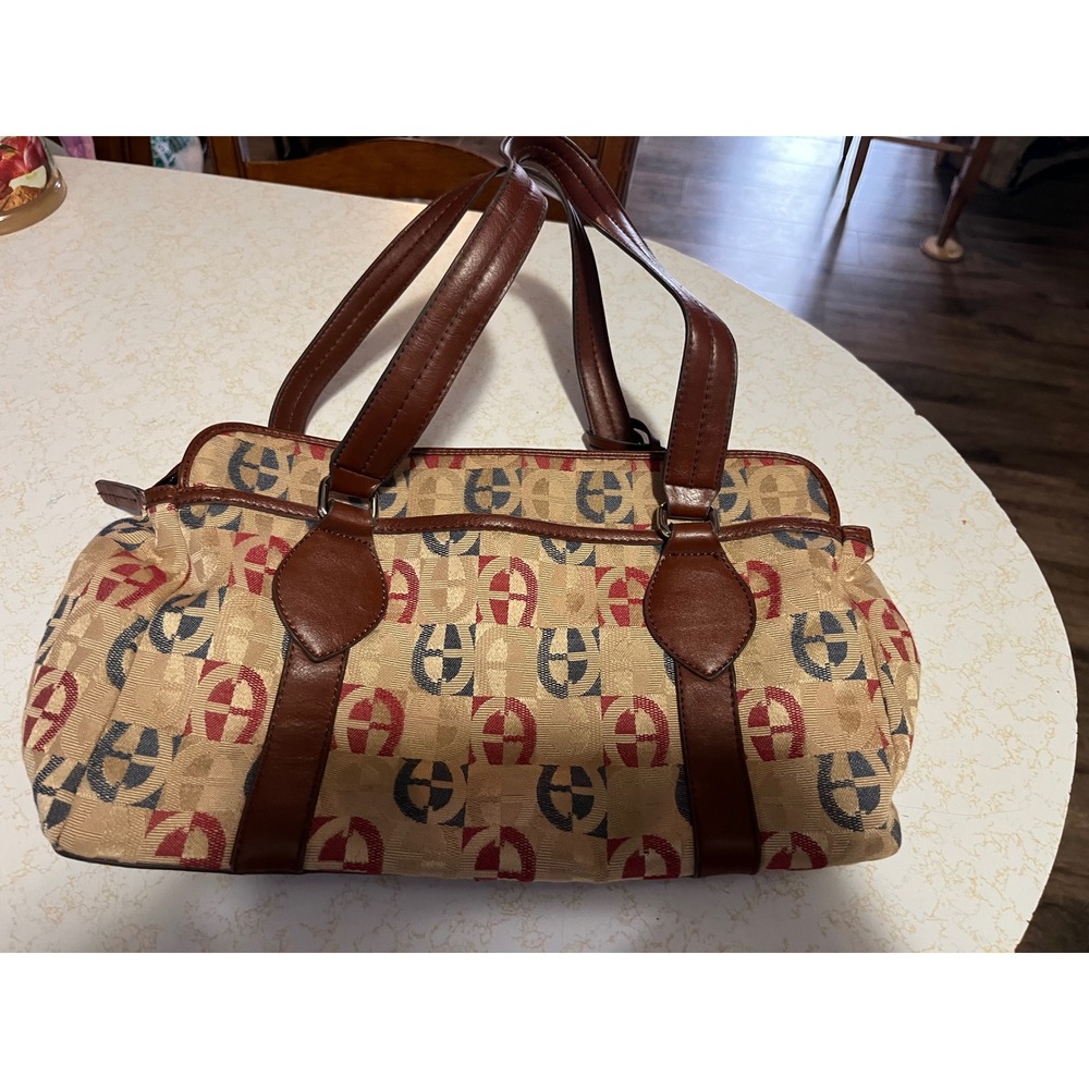 Etienne Aigner Monogram Jacquard Shoulder Bag Brown Tan Burgundy Satchel Purse - Picture 2 of 3